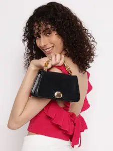 Fastrack Women Black PU Solid Satchel with Gold Metal Chain and detachable sling strap