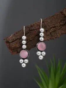 Anvik Silver-Plated Artificial Stones Studded & Beaded Circular Shaped Drop Earrings