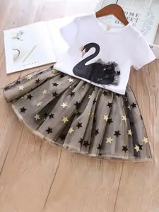 StyleCast Girls Printed Short Sleeves Pure Cotton T-Shirt With Skirt