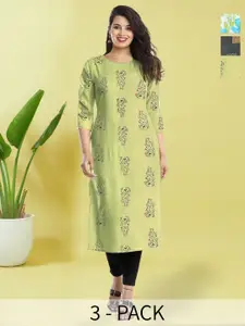 Anouk Rustic Selection Of 3 Floral Printed Round Neck Crepe Straight Kurtas