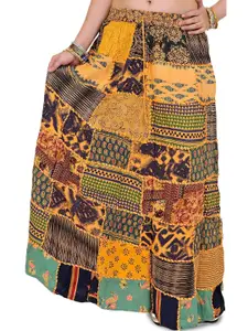 Exotic India Long Printed Dori Skirt From Gujarat With Patch Work