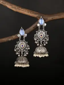 Anvik Silver Plated Artificial Stones studded & Beaded Oxidized Dome Shaped Jhumkas