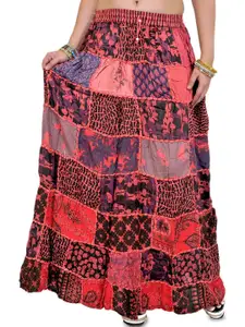 Exotic India Long Printed Dori Skirt From Gujarat With Patch Work