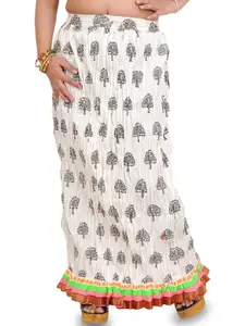 Exotic India Snow-White Crushed Elastic Long Skirt With Printed Trees & Gota Border
