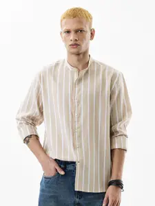 Snitch Vertical Striped Mandarin Collar Casual Shirt