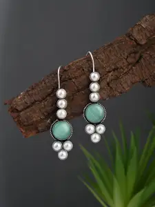 Anvik Silver Plated Artificial Stones Studded & Beaded Oxidised Contemporary Drop Earrings