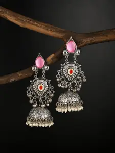 Anvik Oxidised Silver-Plated Artificial Stones Studded And Beaded Dome Shaped Jhumkas