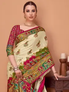 Sangria Ethnic Motifs Printed Festive Wear Saree with Matching Unstitched Blouse