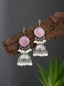 Anvik Silver-Plated Artificial Stones Studded & Beaded Dome Shaped Jhumkas