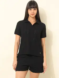 U.S. Polo Assn. Women U.S. Polo Assn. Relaxed-Fit Textured Polo Collared T-Shirt With Shorts Co-Ords