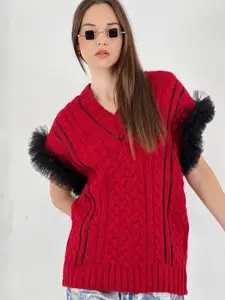 Fashion Gaiia Women Woollen Sweater Vest With Tulle Sleeves