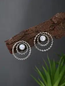 Anvik Silver-Plated Pearls Studded Oxidised Circular Shaped Drop Earrings