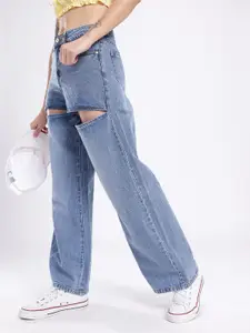glitchez Women Baggy Fit Cut-Out High-Rise Light Fade Jeans