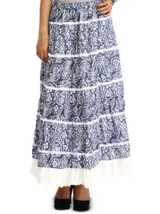 Exotic India Moonlight-Blue Long Elastic Skirt With Floral Print & Cut-Work On Border