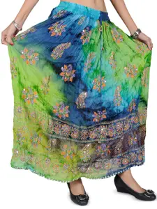 Exotic India Green Flash Long Skirt With Printed Flowers & Embroidered Sequins