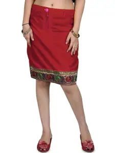Exotic India Plain Pencil Skirt With Hand-Woven Floral Patch Border