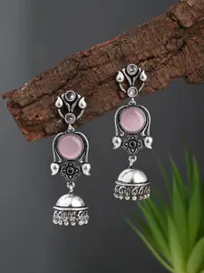 Anvik Silver Plated Artificial Stones Studded oxydised Dome Shaped Jhumkas