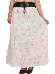 Exotic India Long Skirt With Printed Roses & Elastic Waist