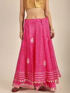 Exotic India Cotton Kota Doriya Leheriya Print Flared Maxi Skirt