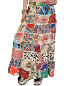Exotic India Long Printed Dori Skirt From Gujarat With Patch Work