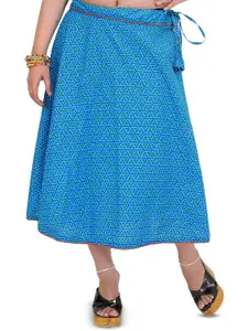 Exotic India Drawstring Printed Midi Skirt With Piping