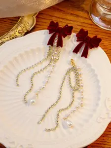 Celestique CZ Studded & Pearls Beaded Bow Shaped Korean Tasselled Drop Earrings