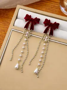 Celestique CZ Studded & Pearls Beaded Bow Shaped Korean Tasselled Drop Earrings