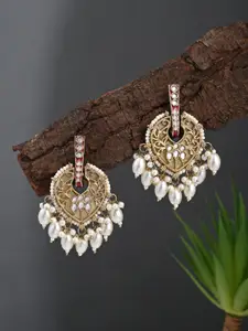 Anvik Gold-Plated Artificial Stones Studded and Pearls Beaded Leaf Shaped Drop Earrings