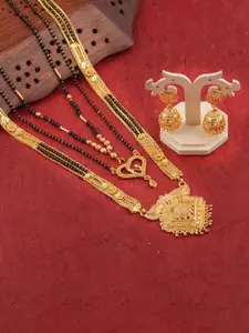 Anouk Set Of 4 Gold-Plated Stone Studded & Beaded Mangalsutras With Earrings