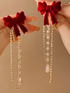 Celestique CZ Studded & Pearls Beaded Bow Shaped Korean Tasselled Drop Earrings