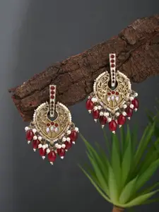 Anvik Gold-Plated Artificial Stones Studded and Pearls Beaded Leaf Shaped Drop Earrings