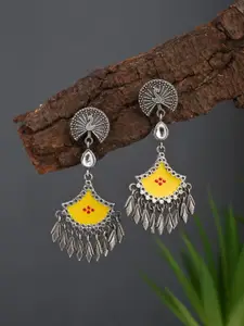 Anvik Silver Plated Artificial Stones Studded Oxidized  Peacock Shaped Drop Earrings