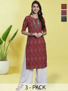 Anouk Rustic Selection Of 3 Bandhani Printed Round Neck Straight Kurtas