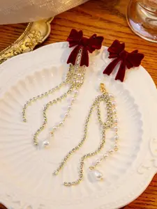 Celestique CZ Studded & Pearls Beaded Bow Shaped Korean Tasselled Drop Earrings