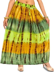 Exotic India Green & Honey Long Skirt With Batik Print