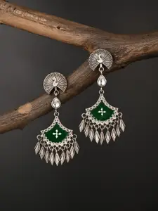 Anvik Silver Plated Artificial Stones Studded Oxidized  Peacock Shaped Drop Earrings