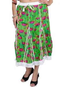 Exotic India Classic-Green Midi-Skirt With Printed Flowers
