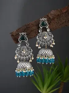 Anvik Silver Plated Artificial Stones Studded & Beaded Oxidized Dome Shaped Jhumkas