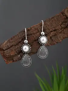 Anvik Silver Plated Pearls Studded Oxidised Contemporary Drop Earrings