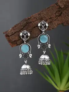 Anvik Silver-Plated Artificial Stones Studded Dome Shaped Oxidised Jhumkas