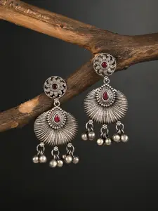Anvik Silver-Plated Artificial Stones Studded Contemporary Oxidised Drop Earrings