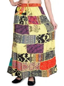 Exotic India Printed A-Line Maxi Dori Skirt From Gujarat With Patch Work