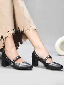 SHUZ TOUCH Embellished Pointed Toe Block Heel Pumps