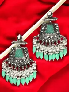 Sangria Artificial Stones Studded & Beaded Floral Shaped Oxidised Drop Earrings