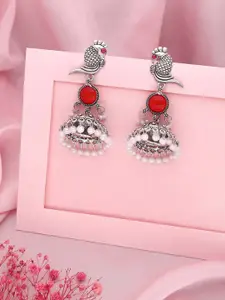 Anouk Silver-Plated Artificial Stones Studded & Beads Beaded Jhumkas