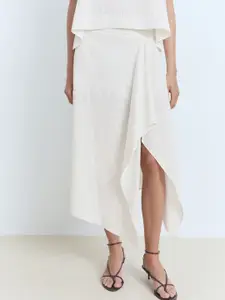 MANGO Vertically Striped Draped Effect Pure Cotton Midi A-line Skirt with Side Slit