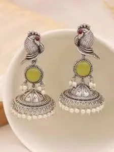 Anouk Silver-Plated Artificial Stones Studded and Beaded Oxidised Dome Shaped Jhumkas