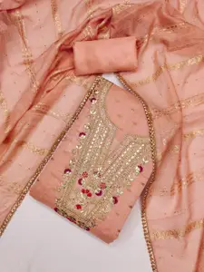 KALINI Peach Chanderi Butti Silk Embroiderd & Coding Work Unstitched Dress Material