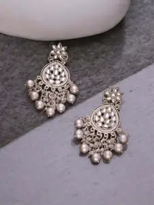 Anouk Silver-Plated Artificial Stones Studded & Beaded Floral Shaped Drop Earrings