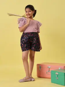 Sangria Girls Striped Pure Cotton T-shirt With Shorts